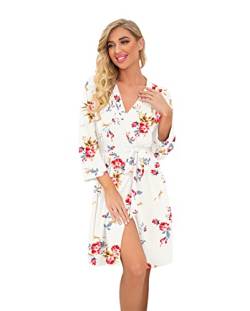 PrinStory Damen Bademantel Leichter Morgenmantel Kurz Kimono Roben Strick Nachtwäsche Lässige Morgenrock Weicher Strick Saunamantel (Blumendruck Rose Weiß, XXL) von PrinStory