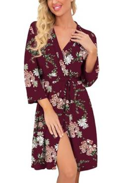 PrinStory Damen Bademantel Leichter Morgenmantel Kurz Kimono Roben Strick Nachtwäsche Morgenrock Weicher Strick Saunamantel (Blumendruck Weinrot, M) von PrinStory