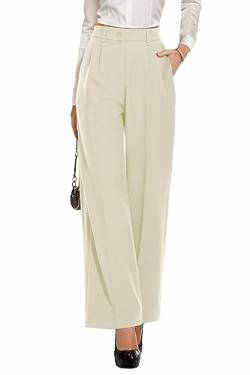 PrinStory Damen Hose Mit Weitem Bein Leichte Elastische Taille Sommer Hose Mit Taschen Kausale Büro Business Hosen (Beige, 36-38) von PrinStory