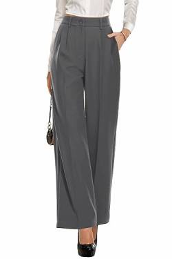 PrinStory Damen Hose Mit Weitem Bein Leichte Elastische Taille Sommer Hose Mit Taschen Kausale Büro Business Hosen (Dunkelgrau, 38-40) von PrinStory