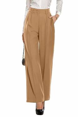 PrinStory Damen Hose Mit Weitem Bein Leichte Elastische Taille Sommer Hose Mit Taschen Kausale Büro Business Hosen (Khaki, 34-36) von PrinStory