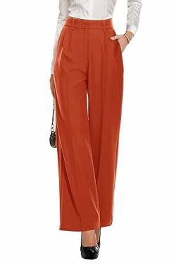 PrinStory Damen Hose Mit Weitem Bein Leichte Elastische Taille Sommer Hose Mit Taschen Kausale Büro Business Hosen (Orange, 38-40) von PrinStory