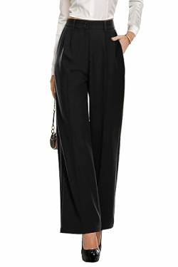 PrinStory Damen Hose Mit Weitem Bein Leichte Elastische Taille Sommer Hose Mit Taschen Kausale Büro Business Hosen (Schwarz, 44-46) von PrinStory