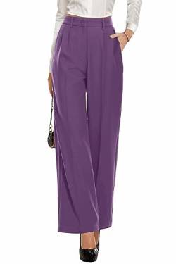 PrinStory Damen Hose Mit Weitem Bein Leichte Elastische Taille Sommer Hose Mit Taschen Kausale Büro Business Hosen (Violett, 40-42) von PrinStory