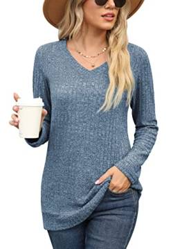 PrinStory Damen Langarmshirts V-Ausschnitt Sweatshirt Lässig Tunika Einfarbig Pullover EU Size 40-42 (Hellblau, M) von PrinStory