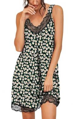 PrinStory Damen Nachtwäsche Spitze V-Ausschnitt Nachthemden Für Damen rutschfeste Breite Schultergurte Unterkleider Nachtkleid (FP Schwarze Sonnenblume, XL) von PrinStory