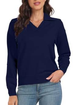 PrinStory Damen Pullover Langarm Strickpullover Sweaters Für Damen Reverskragen V-Ausschnitt Kausale Sweatshirts Warm Winter Herbst Strickwaren (Marineblau, L) von PrinStory