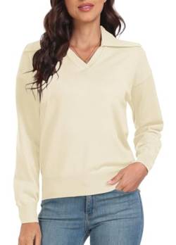 PrinStory Damen Pullover Langen Ärmeln Sweatshirts Reverskragen V-Ausschnitt Weiche Einfarbige Oberteile Lässige Strickwaren (Beige, L) von PrinStory