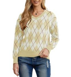PrinStory Damen Pullover Langen Ärmeln Sweatshirts V-Ausschnitt Weiche Aufeinandertreffende Farben Strickpullover Lässige Strickwaren (FP Hell Khaki, XL) von PrinStory