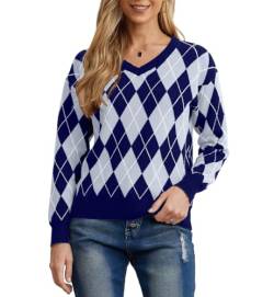 PrinStory Damen Pullover Langen Ärmeln Sweatshirts V-Ausschnitt Weiche Aufeinandertreffende Farben Strickpullover Lässige Strickwaren (FP Marineblau, L) von PrinStory