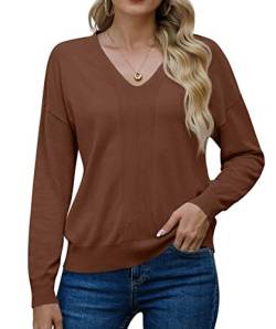 PrinStory Damen Pullover Mit V-Ausschnitt Strick Langärmelig Für Damen Einfarbig Sweatshirts Geschenke Für Frauen (Braun, M) von PrinStory