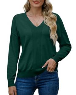 PrinStory Damen Pullover V-Ausschnitt Strick Sweatshirt Damen Langärmelig Für Damen Einfarbig Sweatshirts Geschenke Für Frauen (Dunkelgrün, M) von PrinStory