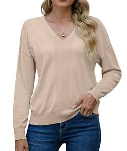 PrinStory Damen Pullover V Hals Weihnachten Pullover Damen Langarm Tops Solid Color Pullover Warme Weiche Strickpullover (Khaki, XL) von PrinStory