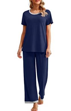 PrinStory Damen-Pyjama-Set, kurzärmeliges Oberteil und lange Hose, Nachtwäsche, weicher Schlafanzug, Lounge-Set mit Taschen, A: Marineblau, 36 von PrinStory