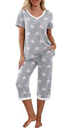 PrinStory Damen Pyjama Set Kurzarm Hemd und Caprihose Nachtwäsche Pjs Sets mit Taschen, Sterne Pink, 36 von PrinStory