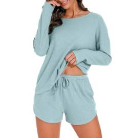 PrinStory Damen Schlafanzug Langarm Pyjama Set Waffelstrick Nachtwäsche Rundhals Oberteil Und Pyjamahose (Blau Grün, S) von PrinStory