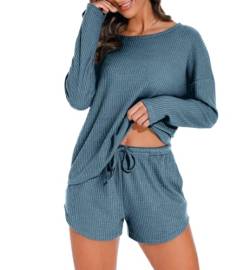 PrinStory Damen Schlafanzug Langarm Pyjama Set Waffelstrick Nachtwäsche Rundhals Oberteil Und Pyjamahose (Graublau, L) von PrinStory