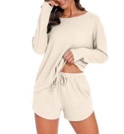 PrinStory Damen Schlafanzug Langarm Pyjama Set Waffelstrick Nachtwäsche Rundhals Oberteil Und Pyjamahose (Haferflocken, XL) von PrinStory