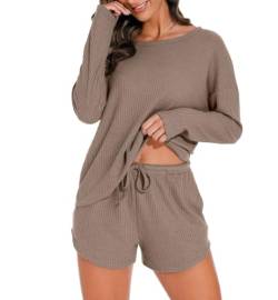 PrinStory Damen Schlafanzug Langarm Pyjama Set Waffelstrick Nachtwäsche Rundhals Oberteil Und Pyjamahose (Khaki, S) von PrinStory