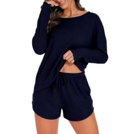 PrinStory Damen Schlafanzug Langarm Pyjama Set Waffelstrick Nachtwäsche Rundhals Oberteil Und Pyjamahose (Marineblau, L) von PrinStory