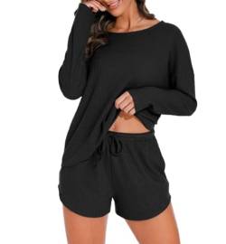 PrinStory Damen Schlafanzug Langarm Pyjama Set Waffelstrick Nachtwäsche Rundhals Oberteil Und Pyjamahose (Schwarz, L) von PrinStory