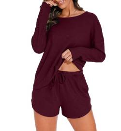 PrinStory Damen Schlafanzug Langarm Pyjama Set Waffelstrick Nachtwäsche Rundhals Oberteil Und Pyjamahose (Weinrot, XXL) von PrinStory