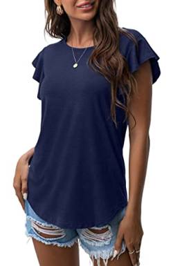 PrinStory Damen T Shirts Lässige Rüschen Sommer Rundhals Tops Damen Tee Kurzarm Blau Grün Oberteile Für Frauen XX-Large (Marineblau, 2XL) von PrinStory