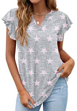 PrinStory Damen-T-Shirts Sommer Damen Top Casual Kurzarm T-Shirt V-Ausschnitt Ruffle Sleeve Bluse Floral Print (Rosa Stern Grau, L) von PrinStory