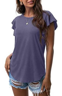 PrinStory Damen T Shirts Sommer Rundhals Tops Kurzarm Strick-Shirts Lässige Rüschen Oberteile Für Frauen XX-Large (Violett-Grau, 2XL) von PrinStory