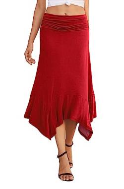 PrinStory Midi-Röcke Für Damen Sommer Casual Röcke Frauen Elastische Taille Soft Fit Flowy Taschentuch Saum Rock (Rot, L) von PrinStory