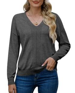 PrinStory Pullover Damen Langen Ärmeln Sweatshirts V-Ausschnitt Weiche Einfarbige Oberteile Lässige Strickwaren Geschenk Für Frauen (Dunkelgrau, L) von PrinStory