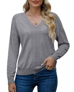 PrinStory Pullover Damen Langen Ärmeln Sweatshirts V-Ausschnitt Weiche Einfarbige Oberteile Lässige Winterpullover (Hellgrau, M) von PrinStory