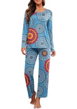 PrinStory Schlafanzug Damen Lange Ärmel 2 Stück Pyjamas Set Nachtwäsche Rundhalsausschnitt T Shirt Schlafanzughosen Blumendruck (FP Mix Blau, XXL) von PrinStory