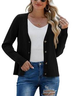 PrinStory Strickjacke Damen Offene Vorderseite Gestrickt Langärmelige Freizeitpullover Mit Knöpfen Damen Langarm-Strickpullover Cardigan (Schwarz, XXL) von PrinStory