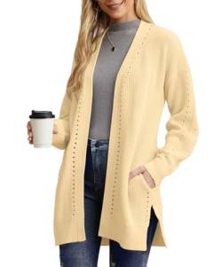 PrinStory Strickjacken Für Damen Lange Übergröße Cardigan Offene Vorderseite Weihnachts Strickjacke Mit Tasche Strickwaren Winterpullover (Beige, L) von PrinStory