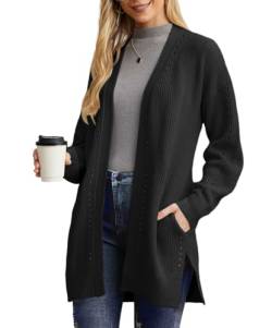 PrinStory Strickjacken Für Damen Lange Übergröße Cardigan Offene Vorderseite Weihnachts Strickjacke Mit Tasche Strickwaren Winterpullover (Schwarz, L) von PrinStory