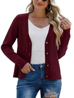 PrinStory Strickjacken Für Damen Pullover Mit Knöpfen Strickpullover Mit Offener Vorderseite Langärmelige Oberteile (Weinrot, XXL) von PrinStory