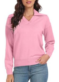 PrinStory Strickpullover Damen Langen Ärmeln Pullover Reverskragen V-Ausschnitt Sweatshirts Weiche Lässige Strickwaren (Rosa, XL) von PrinStory