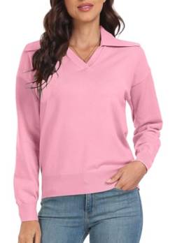 PrinStory Strickpullover Damen Langen Ärmeln Pullover Reverskragen V-Ausschnitt Sweatshirts Weiche Lässige Strickwaren (Rosa, XXL) von PrinStory