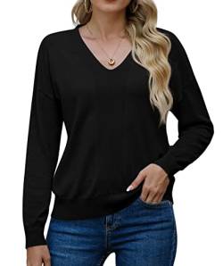 PrinStory Strickpullover Damen Langen Ärmeln Pullover V-Ausschnitt Sweatshirts Weiche Lässige Strickwaren Geburtstagsgeschenk Für Frauen (Schwarz, S) von PrinStory