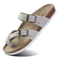 Procity Zehentrenner Pantoffel Damen Herren Echtleder Hausschuhe Clogs mit Kork-Fußbett und 2 verstellbaren Riemen M Beige 39 von Procity