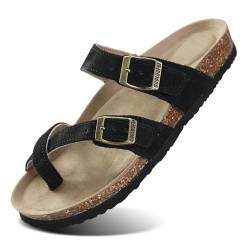 Procity Zehentrenner Pantoffel Damen Herren Echtleder Hausschuhe Clogs mit Kork-Fußbett und 2 verstellbaren Riemen M Black 39 von Procity