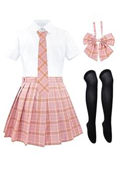 PROCOS JK Uniform Anzug Klassische Schuluniform Rock Set Sailor Shirt Top mit Tartan Faltenrock Sets Anime Studenten Kostüm mit Fliege Krawatte Rosa Plaid Medium von Procos