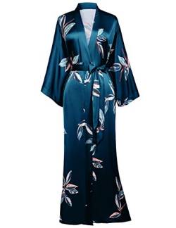 BABEYOND Damen Morgenmantel Blätter Muster Maxi Lang Robe Kimono Sommer Satin Bademantel Damen Strandkleid Leicht Schlafmantel (Dunkelgrün, Einheitsgröße) von Prodesign