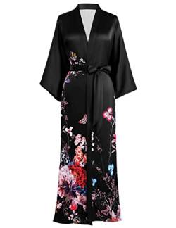 PRODESIGN Lange Kimono Robe Satin Nachtwäsche Phoenix Handgedruckt Seidige Kimono Nachthemd Bademantel Kimono Bluse Cardigan, Carnation - Schwarz, Einheitsgröße von Prodesign