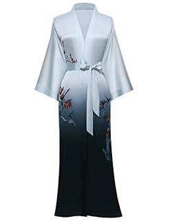 PRODESIGN Lange Kimono Robe Satin Nachtwäsche Phoenix Handgedruckt Seidige Kimono Nachthemd Bademantel Kimono Bluse Cardigan, Pflaume - Gradient Grau, Einheitsgröße von Prodesign