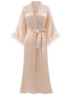 Prodesign Damen Morgenmantel Lang Satin Bademantel Kimono Robe Negligee 3/4 Feder-Ärmel Loungewear Schlafmantel Damen Nachtwäsche (Champagner) von Prodesign