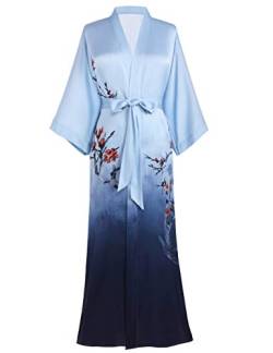 Prodesign Damen Morgenmantel Maxi Lang Kimono Gedruckt Bademantel Blumen Muster Robe Satin Damen Elegant Nachtwäsche (Blau) von Prodesign