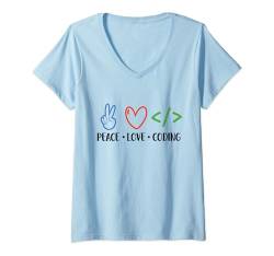 Damen Peace Love Coding Coder Softwareentwickler Programmierer Dev T-Shirt mit V-Ausschnitt von Programmer Gift Idea Developer Computer Scientist