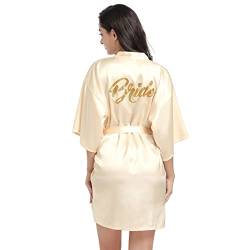 Prohonbec Damen Satin Kimono Braut Badmantel mit Goldenem Glitzer, Gürtel für Hochzeit Party, Brauttag Morgenmantel (L, Champagner- Braut) von Prohonbec